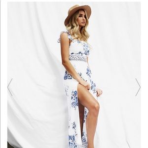 White/blue floral maxi dress with side leg slit